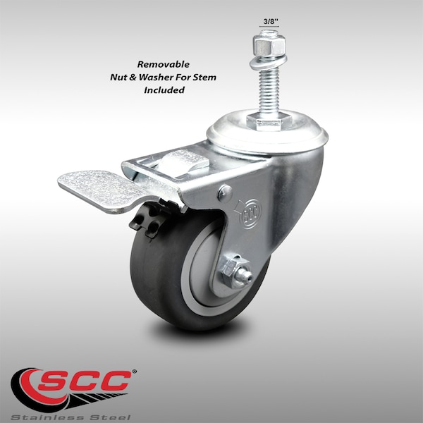3 Inch SS Thermoplastic Rubber 3/8 Inch Threaded Stem Caster Total Lock Brake